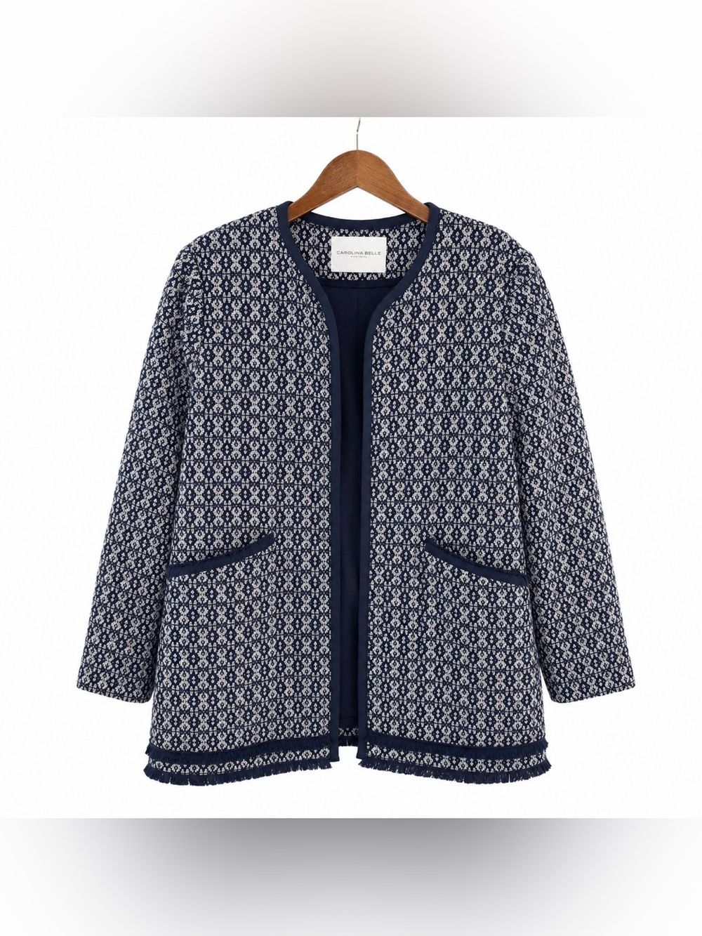 Carolina Belle Montreal Tweed Style Open Front Jacket Navy Cream XL Classic